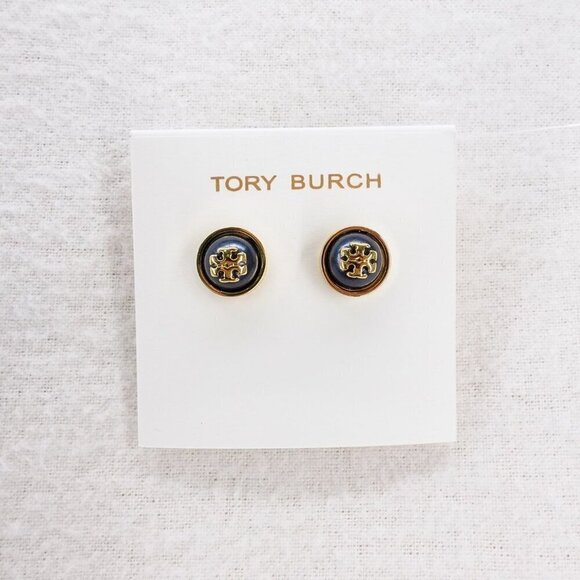 Tory Burch Melodie Pearl Logo Stud Dome Earrings Black/Tory Gold OS - Picture 1 of 12